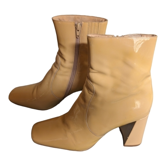Jeffrey Campbell Caramel Patent Leather square toe booties Size 10 GUC - Picture 1 of 8